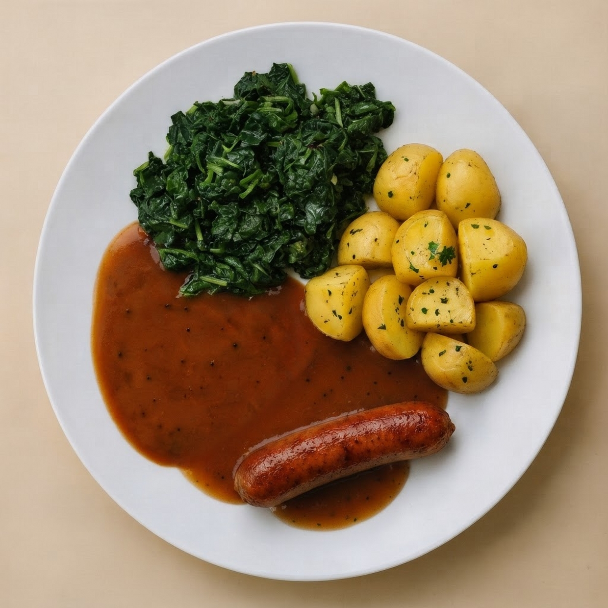 Spinazieschotel met saucijsje