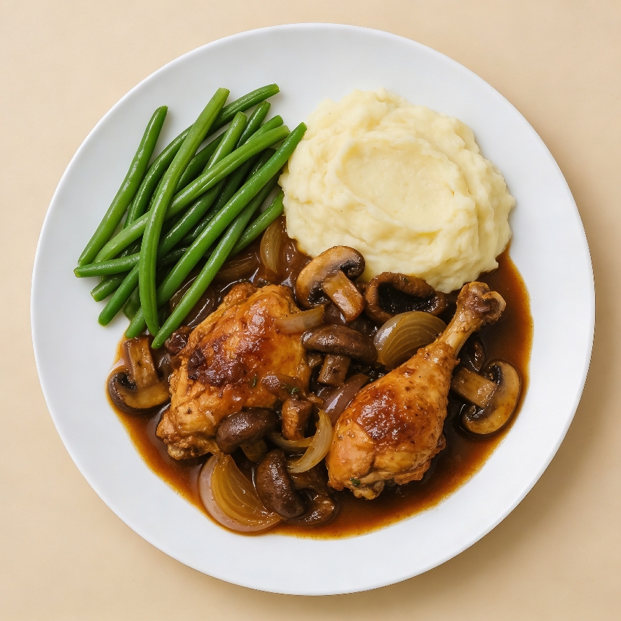 Coq au vin, boontjes, puree