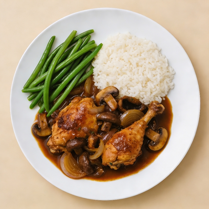 Coq au vin, boontjes, rijst