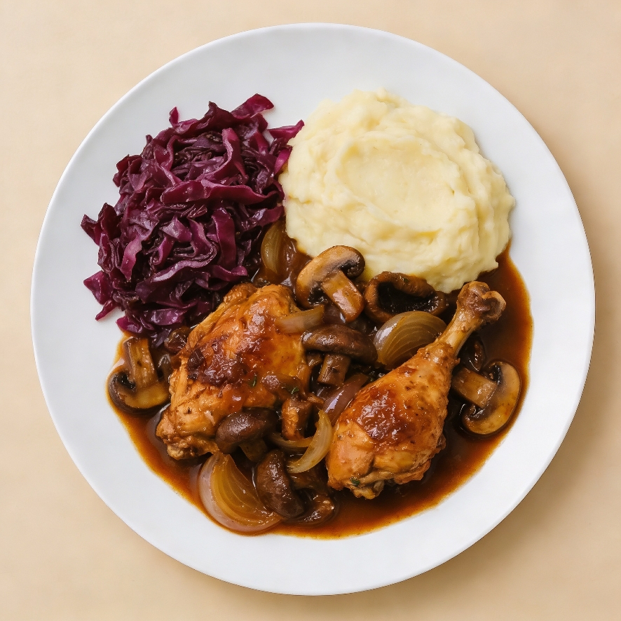 Coq au vin, rode kool, puree
