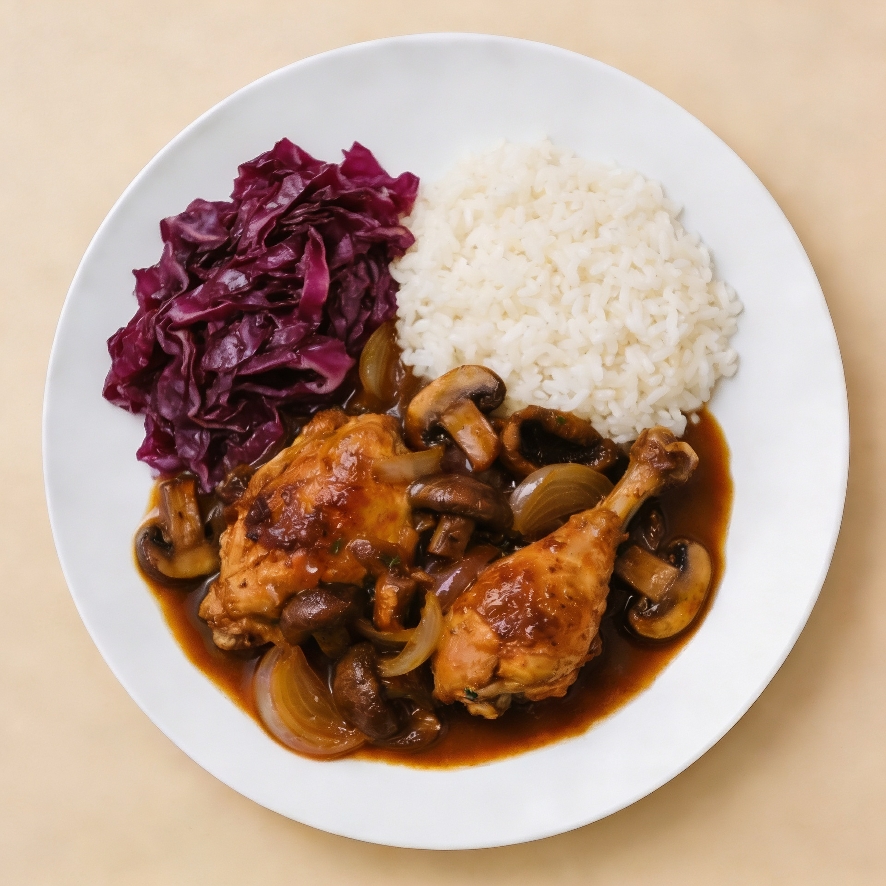 Coq au vin, rode kool, rijst